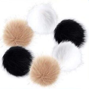 fur pom poms for hats, 6pcs 4 inch faux fur pom pom balls fluffy pompoms for crafts with elastic loop 3 colors for keychains scarves gloves bags knitting supplies