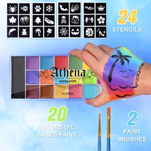 UCANBE Oil Based Face Body Painting Kit - Large Deep Pan, 20 Vivid Color SFX Makeup Paint with 24 Stencils & 2pcs Brushes, Professional Makeup Palette for Art, Theater, Halloween, Parties and Cosplay