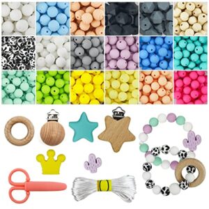 silicone beads, 250 pieces silicone beads for keychain making, 12mm round beads 15mm hexagon & thread beads 16 colors rubber beads with lanyard accessories for diy bracelet necklace crafts making