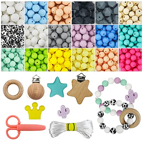 Silicone Beads, 250 Pieces Silicone Beads for Keychain Making, 12mm Round Beads 15mm Hexagon & Thread Beads 16 Colors Rubber Beads with Lanyard Accessories for DIY Bracelet Necklace Crafts Making