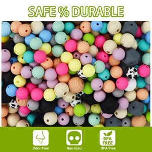 Silicone Beads, 250 Pieces Silicone Beads for Keychain Making, 12mm Round Beads 15mm Hexagon & Thread Beads 16 Colors Rubber Beads with Lanyard Accessories for DIY Bracelet Necklace Crafts Making