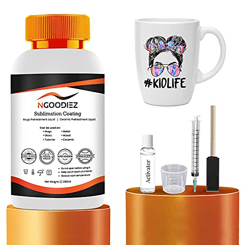 NGOODIEZ Sublimation Coating for Mugs, Ceramic Mugs, Metal Mug, Wood, Glass, Phone Case, Leather, Tumbler - Sublimation Supplies with High Gloss Finish, Waterproof and Super Adhesive - 250ml