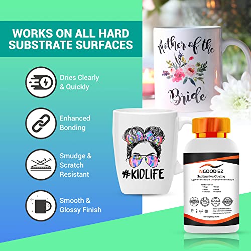 NGOODIEZ Sublimation Coating for Mugs, Ceramic Mugs, Metal Mug, Wood, Glass, Phone Case, Leather, Tumbler - Sublimation Supplies with High Gloss Finish, Waterproof and Super Adhesive - 250ml