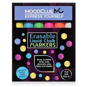 moodclue liquid chalk markers for glass, mirrors, windows, car windshields, auto, white boards, glass boards, chalkboards. 6 neon. reversible – thick, thin tip. washable, erasable. wet or dry erase.