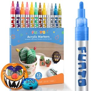 funto acrylic paint pens for rock painting, fabric, wood, canvas, metal, ceramic, glass, scrapbooking craft,12 colors paint marker set, medium tip, non-toxic, quick drying