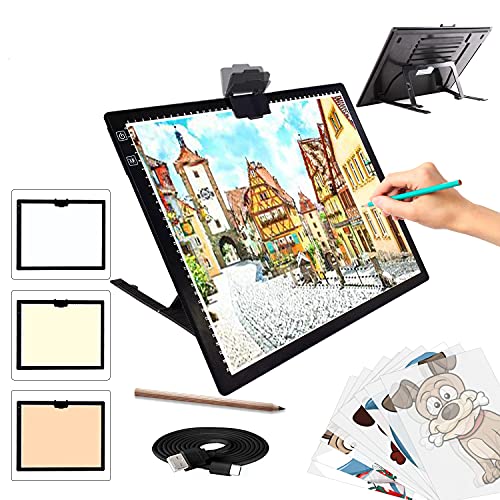 A3 Light Pad, TOHETO Wireless Battery Powered Light Box 3 Colors Stepless Dimmable and 6 Levels of Brightness Light Board for Tracing, Rechargeable LED Copy Board for Diamond Painting, Sketching