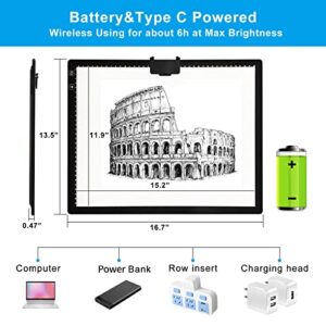 A3 Light Pad, TOHETO Wireless Battery Powered Light Box 3 Colors Stepless Dimmable and 6 Levels of Brightness Light Board for Tracing, Rechargeable LED Copy Board for Diamond Painting, Sketching