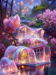 1tonine diy diamond painting kits for adults – flower pink house dream scenery (canvas) full round drill diamond art kits for beginnners – valentines day gifts wall room decor (12x16inch/30×40cm)