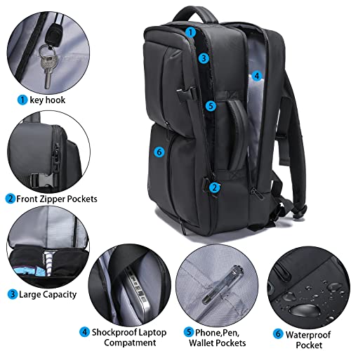 BUNPOL Laptop Backpack, 23L Business Travel Backpacks Airline Approved Men Women Casual Weekender Bookbag School College Water Resistant Daypack Black