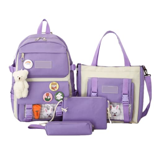 4Pcs Kawaii Cute Backpacks Combo Set with Bear Pendant Pins Back To School Supplies Aesthetic Anime Canvas Schoolbag Daypack (Purple)