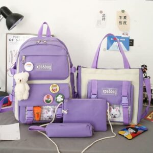 4Pcs Kawaii Cute Backpacks Combo Set with Bear Pendant Pins Back To School Supplies Aesthetic Anime Canvas Schoolbag Daypack (Purple)