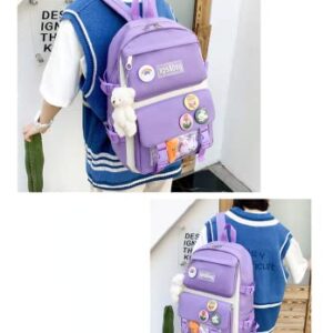 4Pcs Kawaii Cute Backpacks Combo Set with Bear Pendant Pins Back To School Supplies Aesthetic Anime Canvas Schoolbag Daypack (Purple)