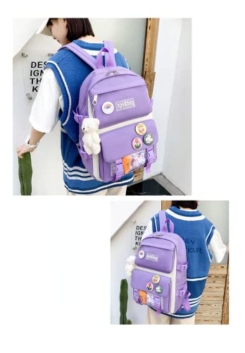 4Pcs Kawaii Cute Backpacks Combo Set with Bear Pendant Pins Back To School Supplies Aesthetic Anime Canvas Schoolbag Daypack (Purple)