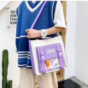 4Pcs Kawaii Cute Backpacks Combo Set with Bear Pendant Pins Back To School Supplies Aesthetic Anime Canvas Schoolbag Daypack (Purple)