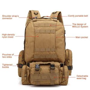 HHE 55L Military Tactical Bag for Camping Hiking Trekking Hunting Bug Out Bag Outdoor Backpack (Khaki),Large