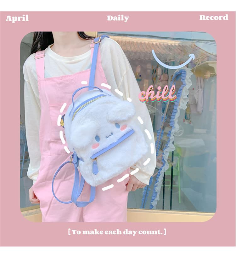 HDHTB Cute Girl Small Plush Bag Backpacks Kawaii Cartoon Japanese Anime Furry Bag Leisure Daily Backpack Schoolbag Bookbag (White)