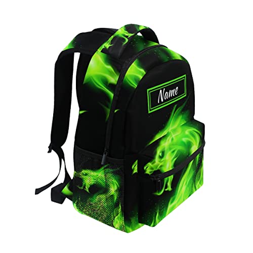 Custom Green Fire Dragon School Backpack Personalized Your Name Text Bookbag for Boys Girls Teens Casual Travel Bag Computer Laptop Daypack