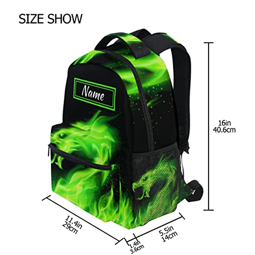Custom Green Fire Dragon School Backpack Personalized Your Name Text Bookbag for Boys Girls Teens Casual Travel Bag Computer Laptop Daypack