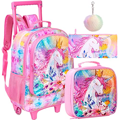 4PCS Rolling Backpack for Girls,Kids Unicorn Bookbag with Roller Wheels, Suitcase School Bag Set for Toddler Elementary