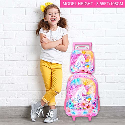 4PCS Rolling Backpack for Girls,Kids Unicorn Bookbag with Roller Wheels, Suitcase School Bag Set for Toddler Elementary