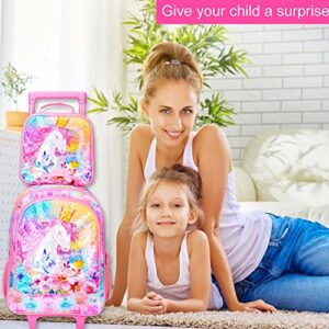 4PCS Rolling Backpack for Girls,Kids Unicorn Bookbag with Roller Wheels, Suitcase School Bag Set for Toddler Elementary