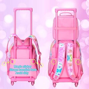 4PCS Rolling Backpack for Girls,Kids Unicorn Bookbag with Roller Wheels, Suitcase School Bag Set for Toddler Elementary