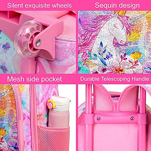 4PCS Rolling Backpack for Girls,Kids Unicorn Bookbag with Roller Wheels, Suitcase School Bag Set for Toddler Elementary