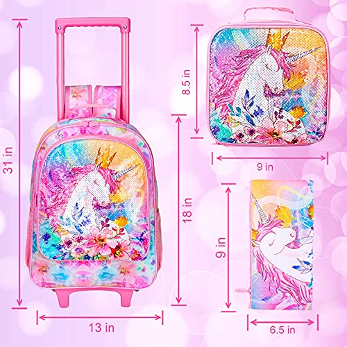 4PCS Rolling Backpack for Girls,Kids Unicorn Bookbag with Roller Wheels, Suitcase School Bag Set for Toddler Elementary