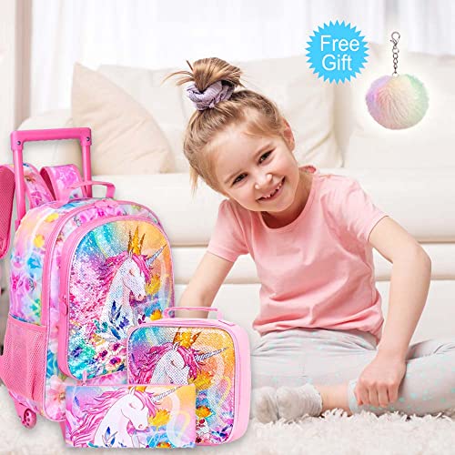 4PCS Rolling Backpack for Girls,Kids Unicorn Bookbag with Roller Wheels, Suitcase School Bag Set for Toddler Elementary