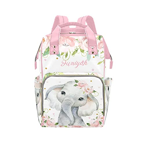 Elephant Soft Pink Blush Floral Personalized Diaper Backpack with Name Custom Mommy Nursing Baby Bag Travel Daypack