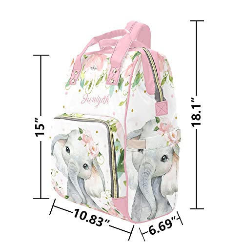 Elephant Soft Pink Blush Floral Personalized Diaper Backpack with Name Custom Mommy Nursing Baby Bag Travel Daypack