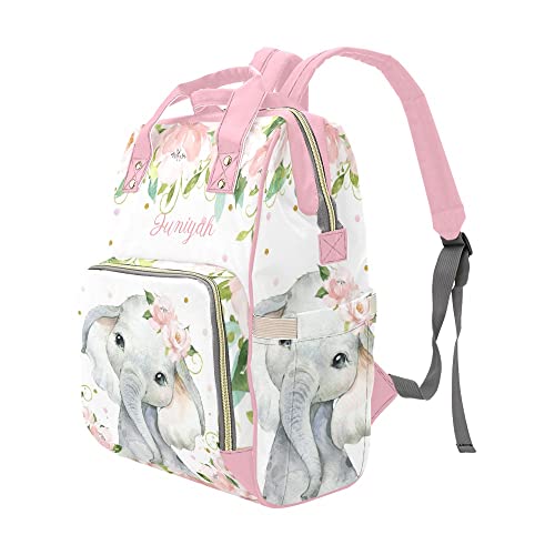 Elephant Soft Pink Blush Floral Personalized Diaper Backpack with Name Custom Mommy Nursing Baby Bag Travel Daypack