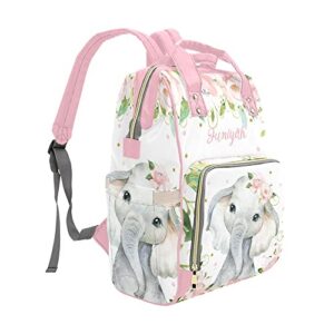 Elephant Soft Pink Blush Floral Personalized Diaper Backpack with Name Custom Mommy Nursing Baby Bag Travel Daypack