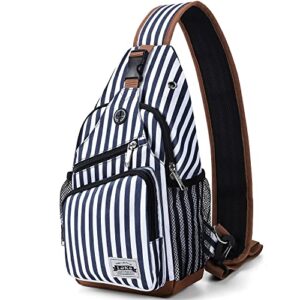 lekebobor sling bag crossbody sling backpack travel hiking chest bag daypack,blue striped large.