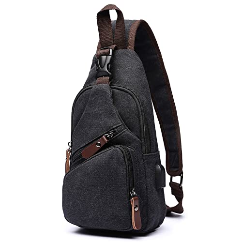 Canvas Sling Bag Crossbody Backpack Shoulder Casual Rucksack for Men Women Outdoor Cycling Hiking Travel Fishing Black