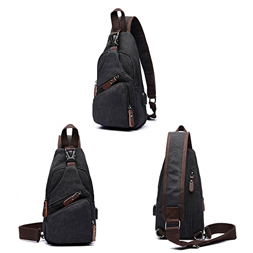 Canvas Sling Bag Crossbody Backpack Shoulder Casual Rucksack for Men Women Outdoor Cycling Hiking Travel Fishing Black