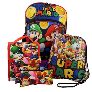 super mario boys girls 5 piece backpack lunch and snack bag school set (one size, multicolor)