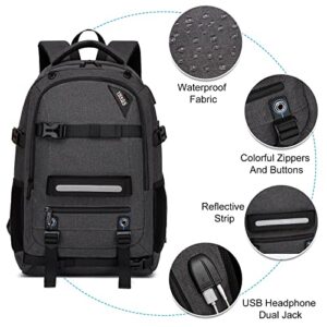 RUCYEN Skateboard Backpack, Laptop Backpack with USB Charging Port, RFID Anti-Theft Lock, Waterproof Fabric, Fits up to 15.6 Inch Laptop, for College School Business Travel Men Boy (Dark Grey)