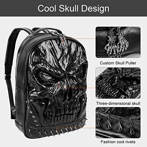 XUANNIAO 3D PU Leather Skull Backpack - Back Packs Steam Punk Rivet Personality Travel Bagpack College/High School Bags Bookbag School Computer Bag Laptop Backpack For Teenagers Men and Women