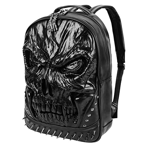 XUANNIAO 3D PU Leather Skull Backpack - Back Packs Steam Punk Rivet Personality Travel Bagpack College/High School Bags Bookbag School Computer Bag Laptop Backpack For Teenagers Men and Women