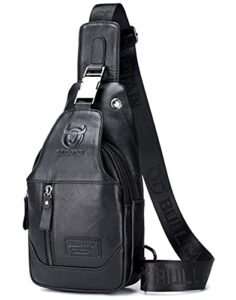 bullcaptain genuine leather men’s sling shoulder backpack multi-pocket crossbody chest bags travel hiking daypack with earphone hole (black)