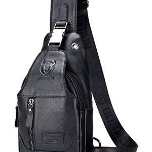 BULLCAPTAIN Genuine Leather Men's Sling Shoulder Backpack Multi-pocket Crossbody Chest Bags Travel Hiking Daypack with Earphone Hole (Black)