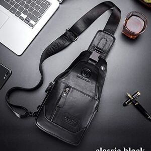 BULLCAPTAIN Genuine Leather Men's Sling Shoulder Backpack Multi-pocket Crossbody Chest Bags Travel Hiking Daypack with Earphone Hole (Black)