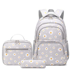backpack for girls kids bookbag primary school daypack teens girls bags with lunch box set (daisy grey)