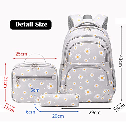 Backpack for Girls Kids Bookbag Primary School Daypack Teens Girls Bags with Lunch Box set (Daisy Grey)