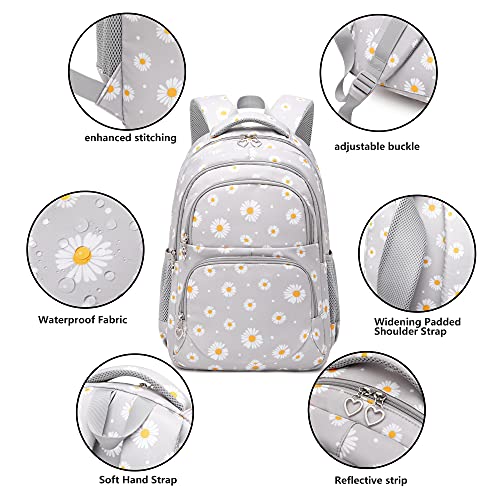 Backpack for Girls Kids Bookbag Primary School Daypack Teens Girls Bags with Lunch Box set (Daisy Grey)