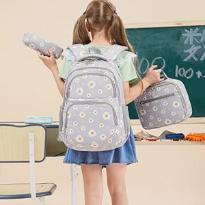 Backpack for Girls Kids Bookbag Primary School Daypack Teens Girls Bags with Lunch Box set (Daisy Grey)