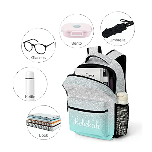 Eiis Silver Glitter Ombre Teal Ocean Students Personalized School Backpack for Kid-Boy /Girl Primary Daypack Travel Bookbag, One Size (P22889)