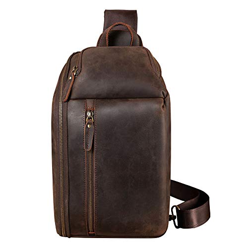TIDING Full Grain Leather Sling Bag For Men Outdoor Travel Shoulder Chest Daypack Fits 10.5" iPad