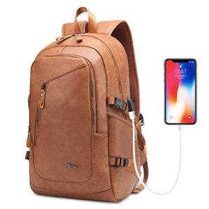 dyj vegan leather laptop backpack for women&men, faux leather vintage school students bookbag weekend travel daypack with usb charging port fit 15.6 inch laptops